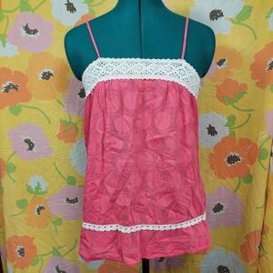 Girl Star Pink Polka Dot Lace Trim Camisole Top Y2K Cotton Made in USA Small
